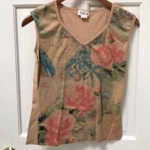 Sleeveless, v neck top floral multi color